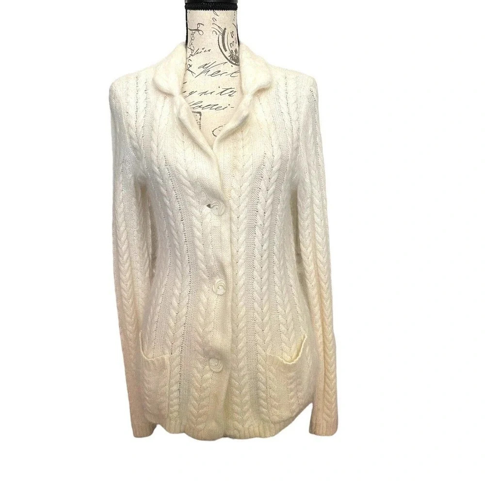 Kenar Angora Rabbit Hair Nylon Cable Knit Cardigan Cabincore Preppy Size Small‎